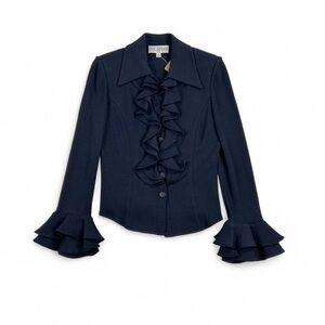 Vintage St. John extra dark navy knitted ruffle cardigan blouse